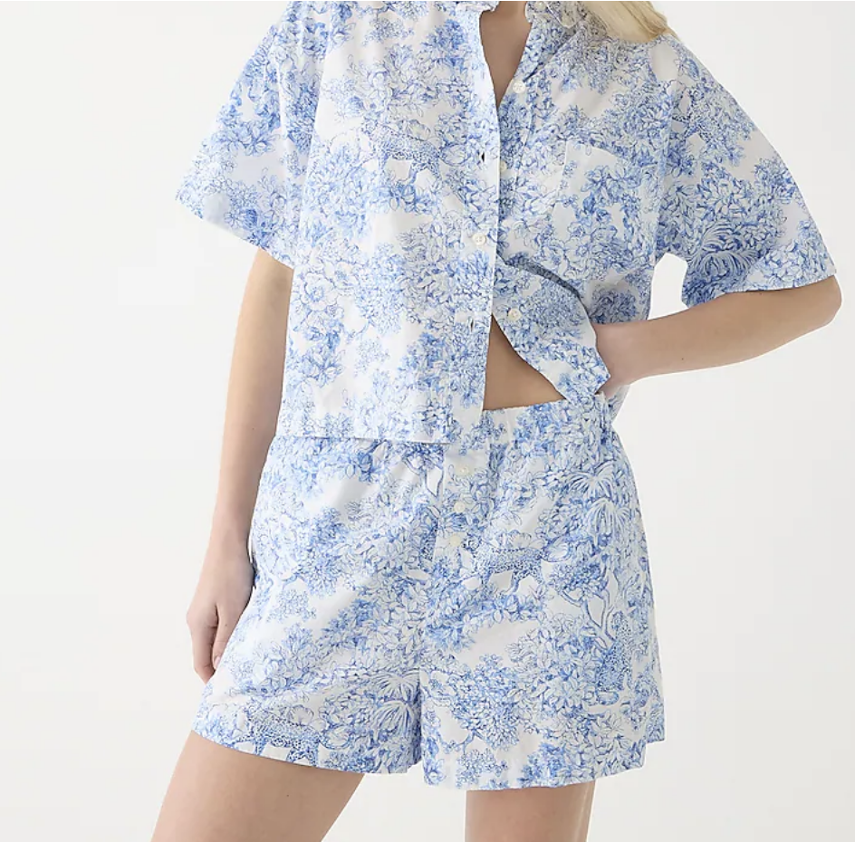  J.Crew Short-sleeve Pajama Short Set - Blue Toile Cotton Poplin