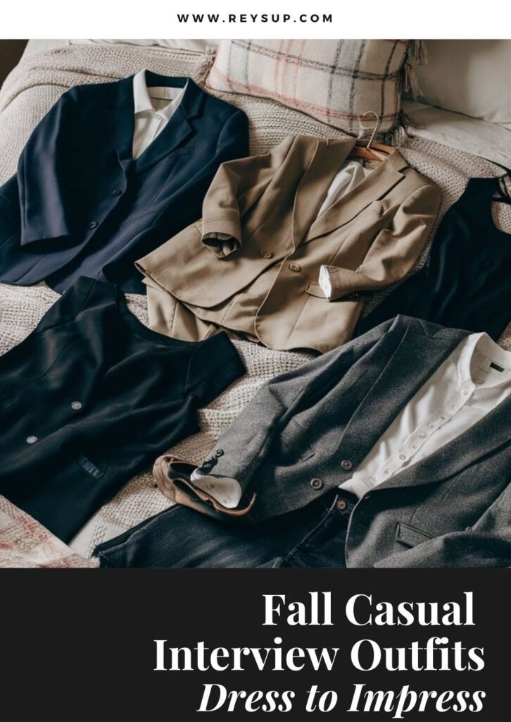 Picture of a few options for fall casual interview outfits laid out on a bed