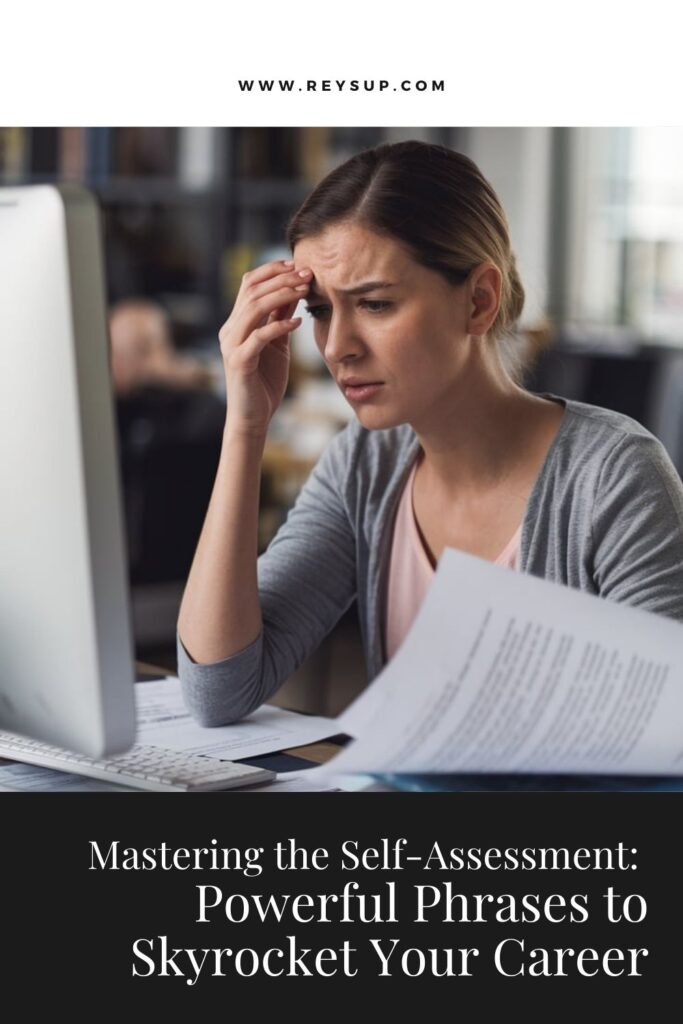 Photo of a woman preparing her self assessment and looking stressed. Providing guidance on powerful phrases to use in self assessment to skyrocket career.