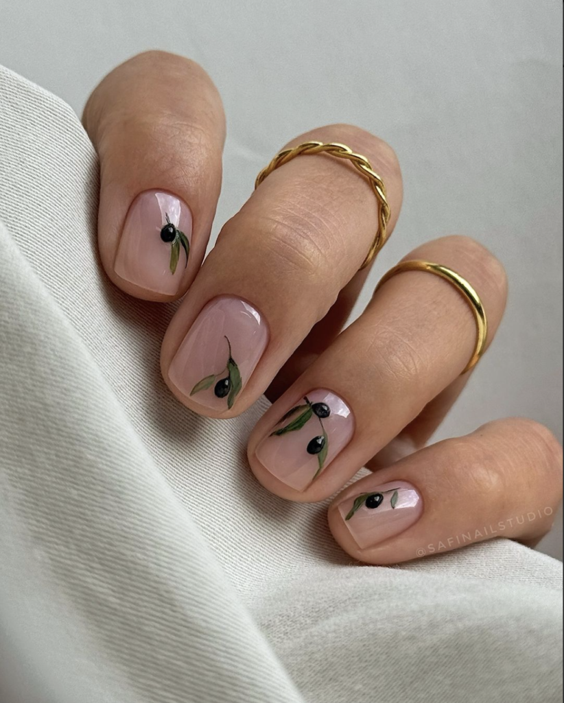 chic nail designs for fall with a olive vine pattern example