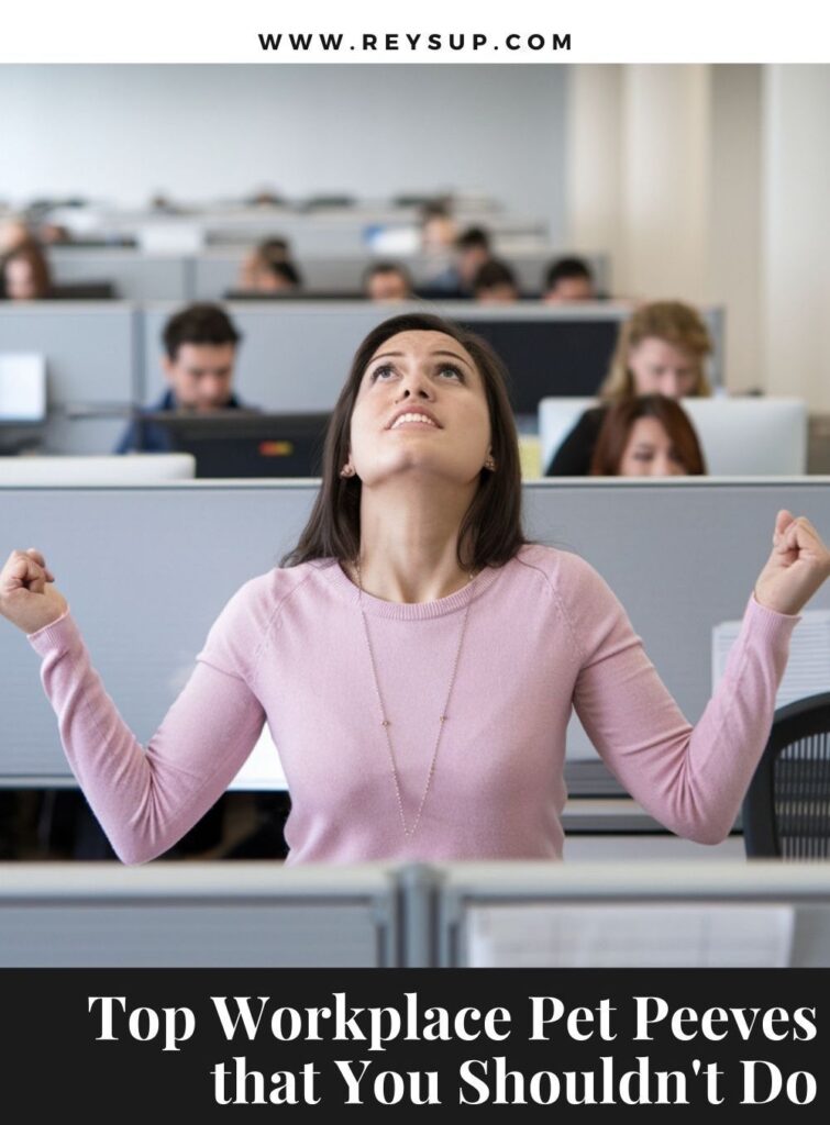 Image of a woman at work getting annoyed because her coworked doesn't understand the top workplace pet peeves to avoid